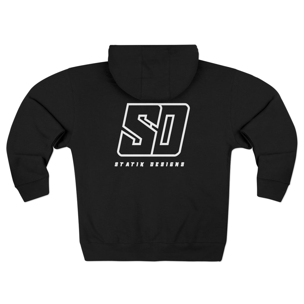 Black Statik Designs Zip Hoodie — Minimal White Streetwear Zip-Up Hoodie