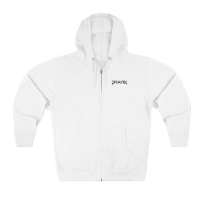White Statik Designs Zip Hoodie — Minimal White Streetwear Zip-Up Hoodie