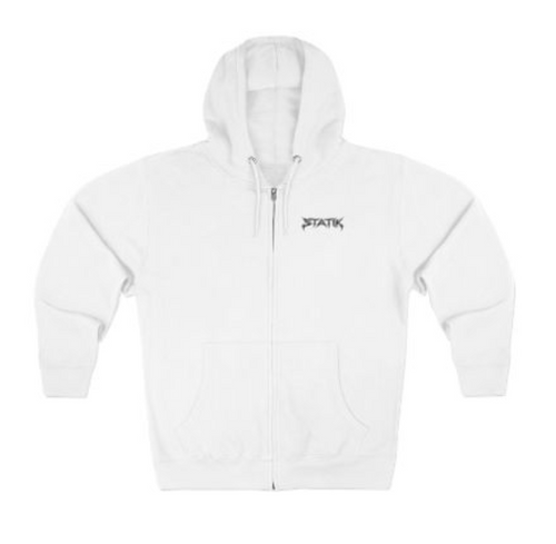 White Statik Designs Zip Hoodie — Minimal White Streetwear Zip-Up Hoodie