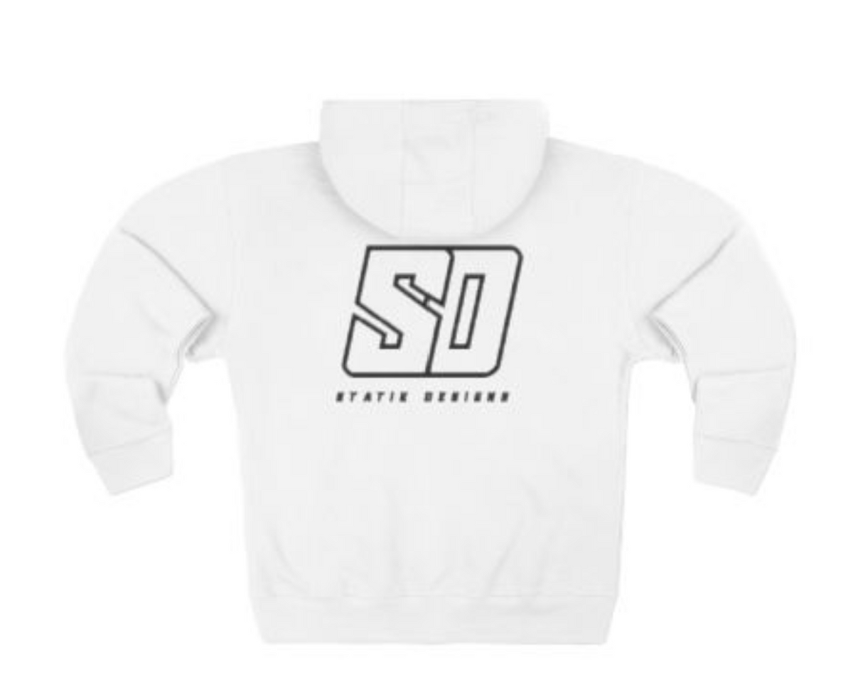 White Statik Designs Zip Hoodie — Minimal White Streetwear Zip-Up Hoodie