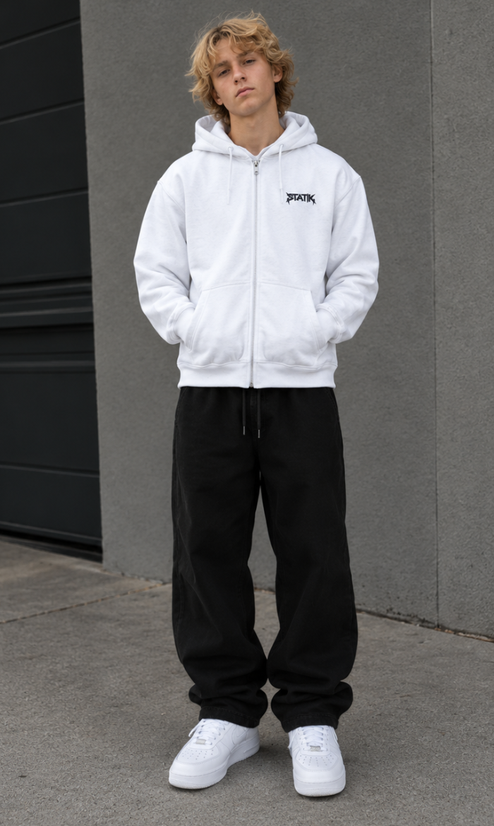 White Statik Designs Zip Hoodie — Minimal White Streetwear Zip-Up Hoodie