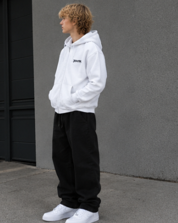 White Statik Designs Zip Hoodie — Minimal White Streetwear Zip-Up Hoodie