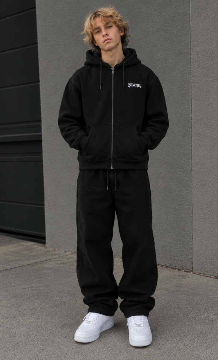 Black Statik Designs Zip Hoodie — Minimal White Streetwear Zip-Up Hoodie