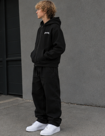 Black Statik Designs Zip Hoodie — Minimal White Streetwear Zip-Up Hoodie
