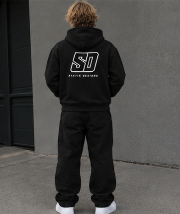 Black Statik Designs Zip Hoodie — Minimal White Streetwear Zip-Up Hoodie